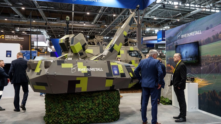 Система протиповітряної оборони Skynex на стенді Rheinmetall AG під час Міжнародної виставки оборонних та безпекових технологій (IDET) у Брно, Чехія, 28 травня 2025 року