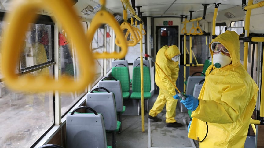 The disinfection of public transport in Lviv due to the risk of infectious coronavirus. The first registered coronavirus case in Ukraine is in the western city of Chernivtsi, who has been hospitalized. Lviv, Ukraine, March 3, 2020.