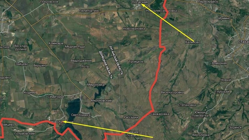 Червоним позначено лінію зіткнення на Донбасі