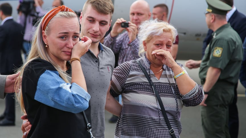 Relatives greet the plane, which brought Ukrainian sailors and political prisoners who were just released from Russian captivity, at the Boryspil International Airport near Kyiv, Ukraine on September 7, 2019