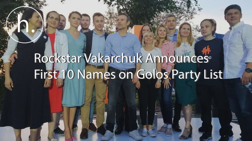Rockstar Svyatoslav Vakarchuk (C) and his team during the Golos' party congress on June 8 in Kyiv, Ukraine.