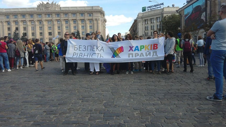Kharkiv Pride attendants march on September 15 in Kharkiv, eastern Ukraine.