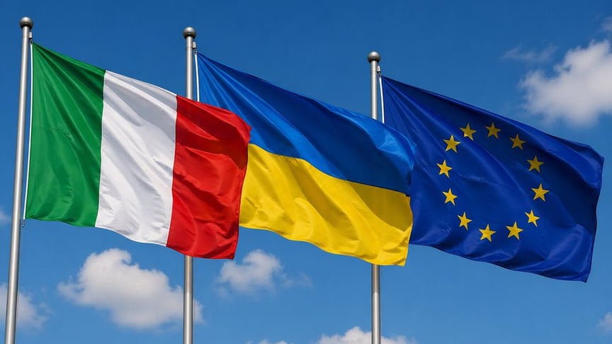 Ілюстративне фото. Прапори Італії, України та Європейського союзу