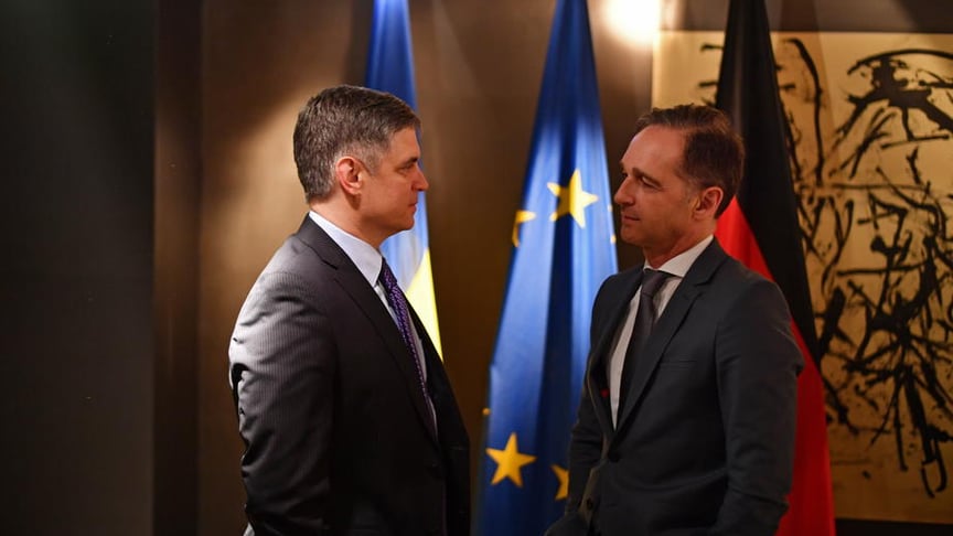 Ukrainian Foreign Minister Vadym Prystaiko (L) and German Foreign Minister Heiko Maas meet for a bilateral at the 56th Munich Security Conference in Munich, Germany on February 14.