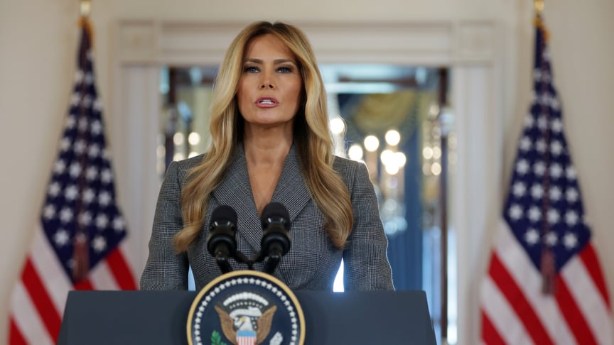 Перша леді США Меланія Трамп під час виступу у Білому домі, 9 квітня 2026 року