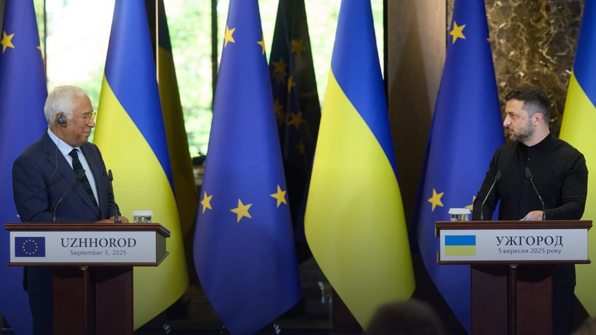 Президент Європейської ради Антоніу Кошта та президент України Володимир Зеленський під час брифінгу у Києві, 5 вересня 2025 року